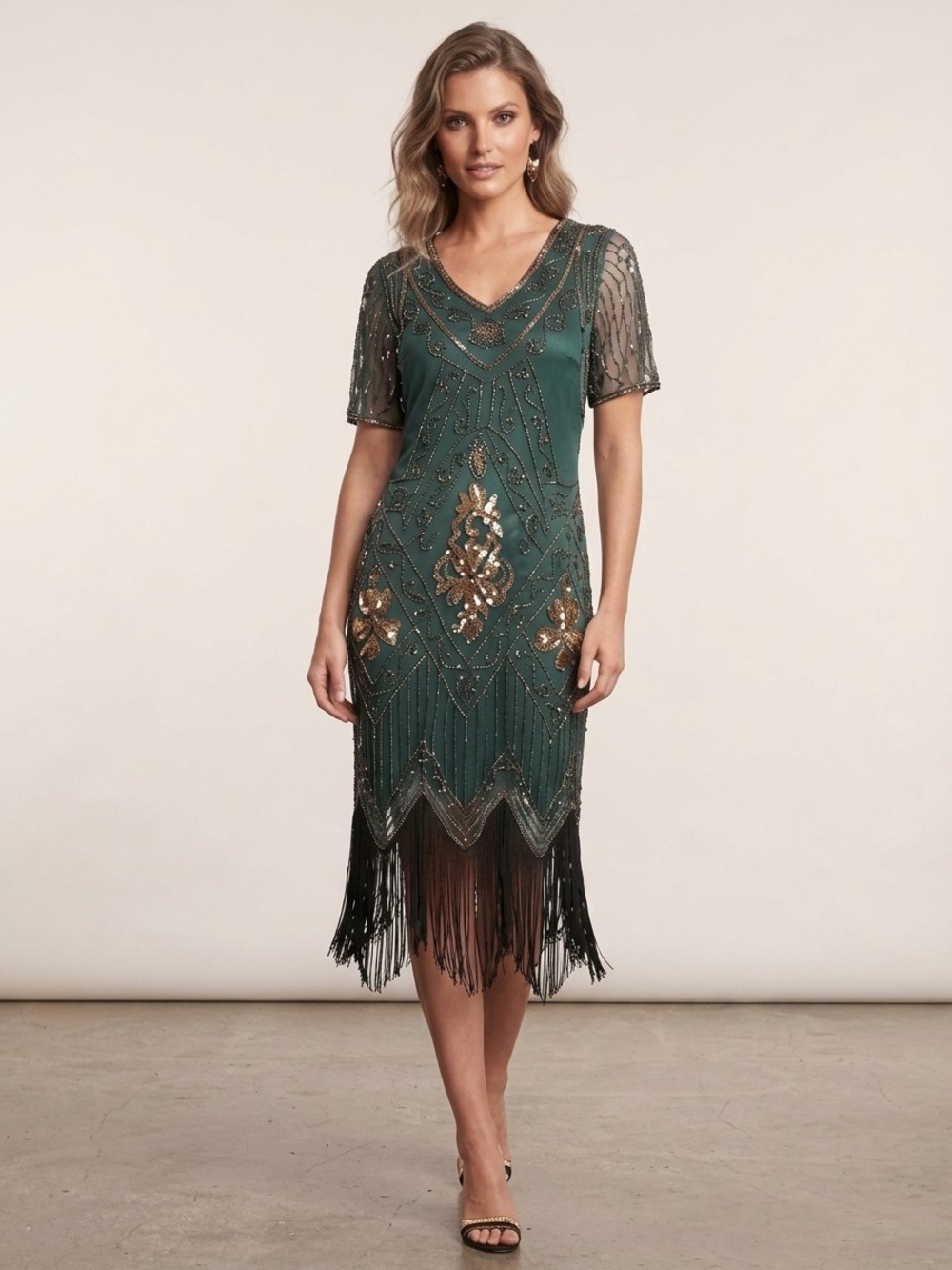 New Women's Green Beaded Fringe V-Neck Evening Cocktail Dress Large